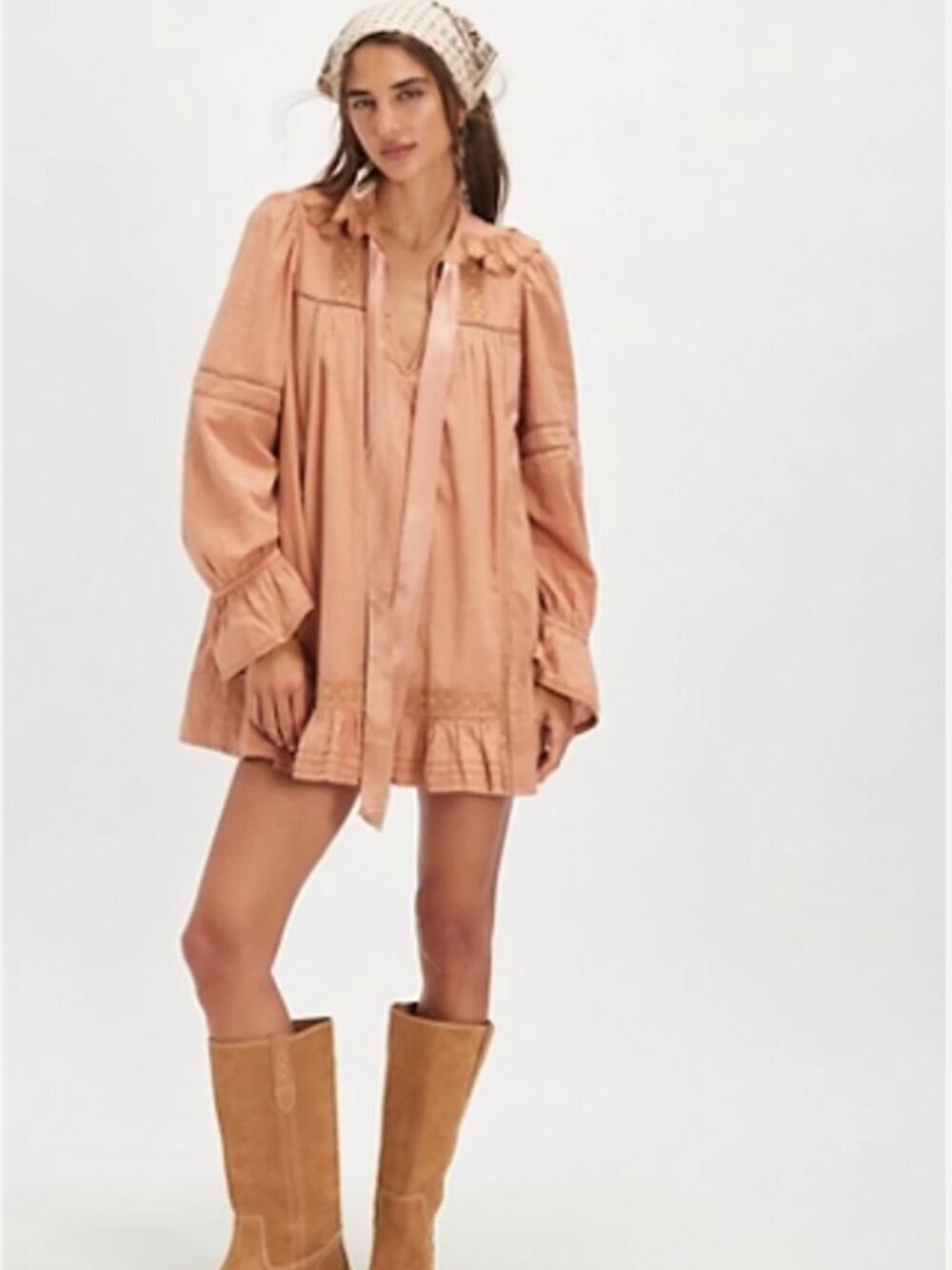 Free People | 5 O'Clock Tea Time Mini Dress Tie Neck Lace Ruffle Babydoll Size S - Picture 2 of 14